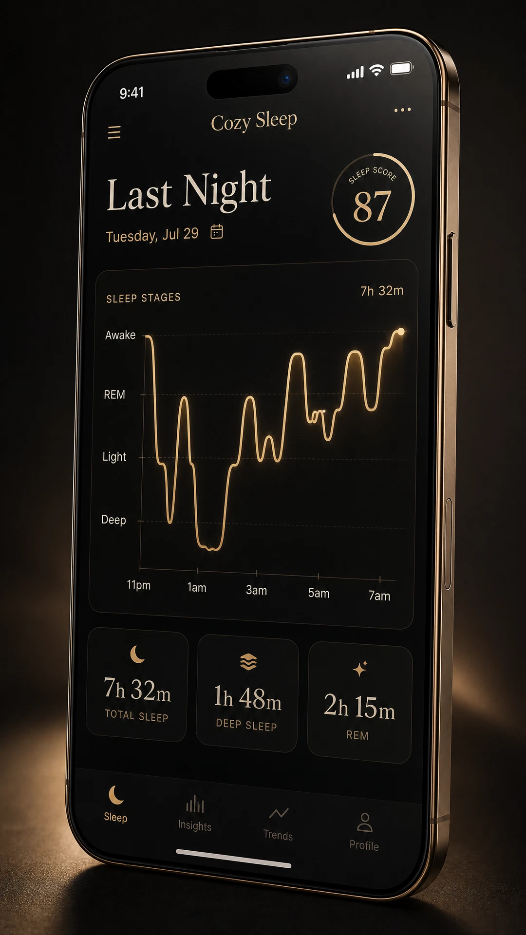 Concept Cozy app timeline showing wellness-oriented estimated nighttime patterns